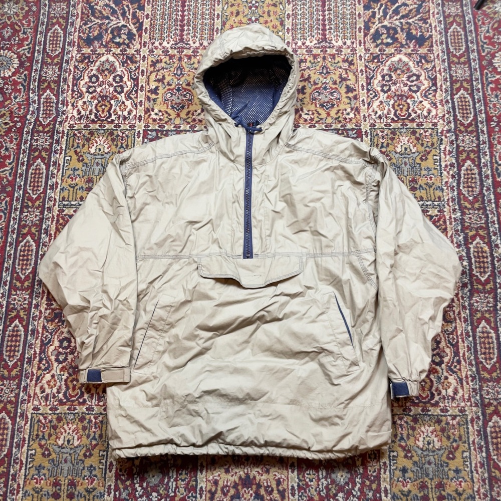 VTG 90s Pacific Trail Blue Standard‎ Anorak Windbreaker Tan Navy L Zip Hooded